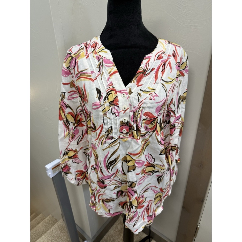 JM Collection Womens 100% Linen Floral Tunic Top Pink Yellow 3/4 Sleeve Size 10